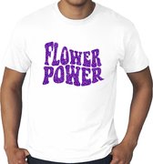 Grote maten Flower Power t-shirt - wit met paarse glitter letters - plus size heren XXXL