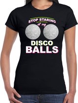 Stop staring at my disco balls boobs t-shirt zwart voor dames - Fun shirt / disco kleding XXL