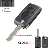 Citroen - klapsleutel behuizing - 3 knoppen - middelste knop lamp bediening - HU83 sleutelbaard met zijgroef - CE0523 zonder batterijhouder in de achterdeksel - batterijhouder vast op de printplaat