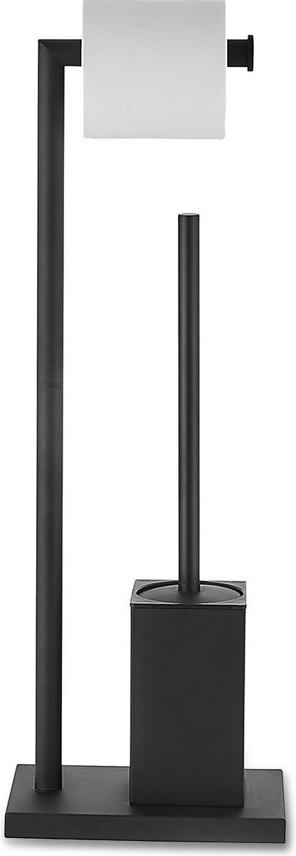 VDN Stainless wc rolhouder staand - wc borstel met houder zwart - Toiletrolhouder en toiletborstel met houder - Vierkant - RVS - 2 in 1