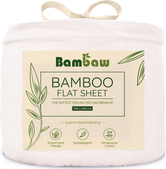 Laken de Bamboe | 240cm x 300 | Blanc | Drap de dessus 2 personnes | Drap plat ultra doux | Beddengoed de Luxe en Bamboe | Feuilles hypoallergéniques | Puur Bamboe Viscose Rayonne | Tissu Ultra respirant | Bambaw