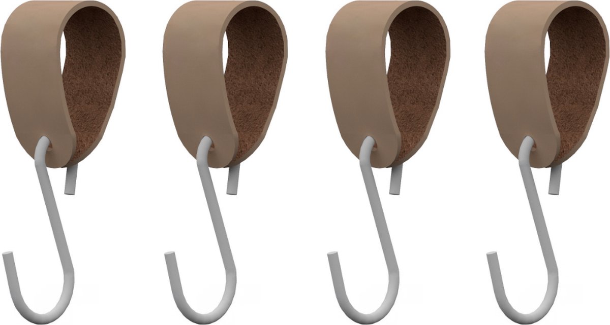 S-haakje Wit + leren hanger: TAUPE - Maat S - set van 4 (S-haakjes - kapstokhaakje - handdoekhaakje - kapstokhaak - ophanghaken - S-haken)