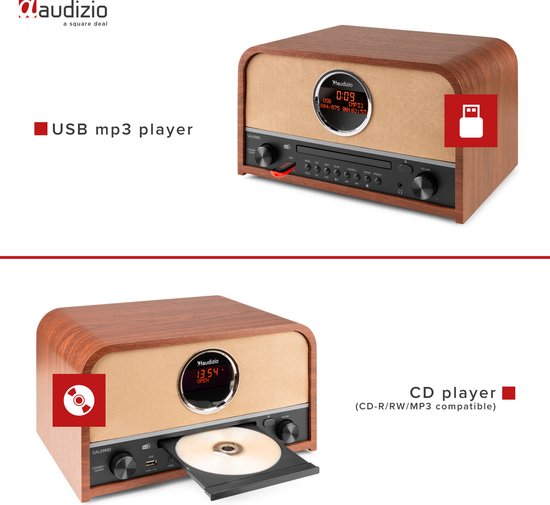 Retro radio met stoffen voorkant, houten afwerking en een CD-speler met lade. Met USB mp3 speler.