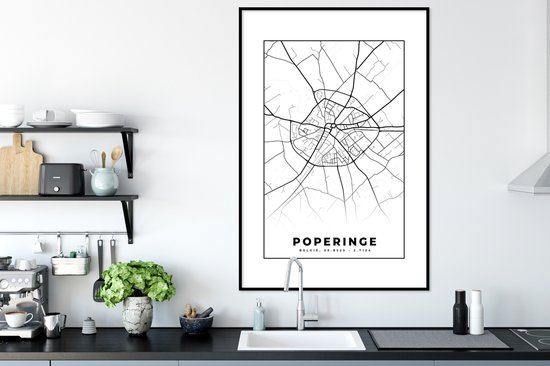 Fotolijst incl. Poster Zwart Wit- België – Poperinge – Stadskaart – Kaart – Zwart Wit – Plattegrond - 80x120 cm - Posterlijst