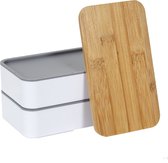 Lunchbox met 2 compartimenten - Broodtrommel met 2 niveaus - Met snijplank - Met Elastische Band - Wit Grijs en Hout