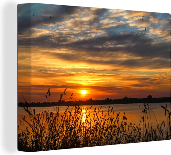 Canvas schilderij - Landschap - Zee - Zonsondergang - Planten - Foto op canvas - Canvas doek - Slaapkamer decoratie - 40x30 cm - Wanddecoratie - Kamer decoratie - Woonkamer