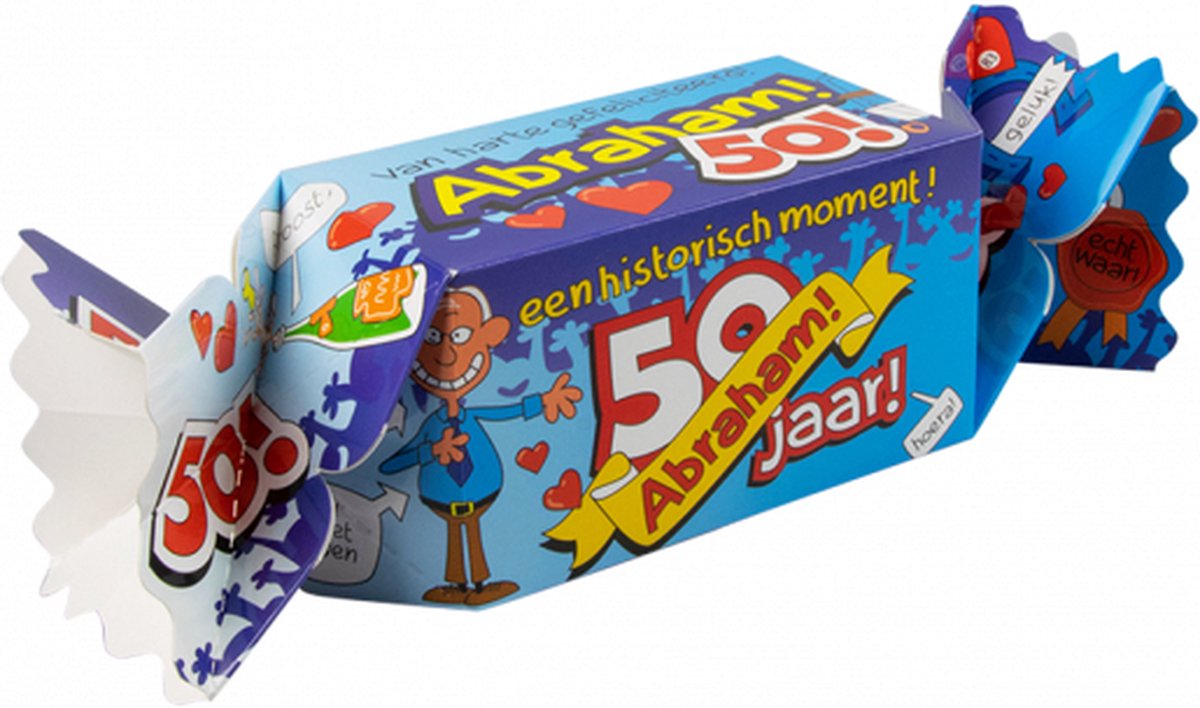 Snoeptoffee - 50 jaar - Abraham - Gevuld met luxe verpakte toffees - In cadeauverpakking met gekleurd lint
