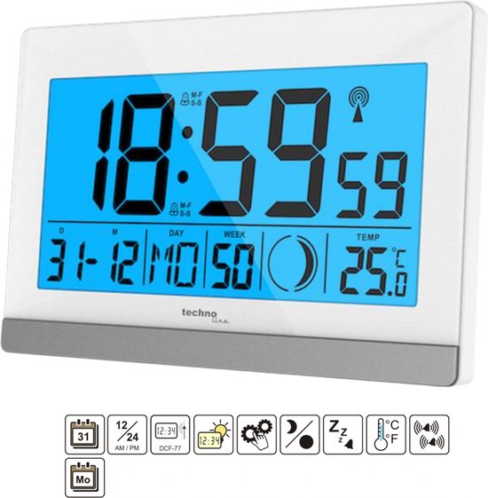 Digitale wekker met wit frame en blauw scherm toont 18:59 en 25.0 graden Celsius. Iconen voor dag, datum, temperatuur en weersymbolen.