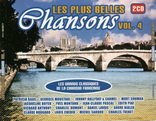 Cd-hoes 'Les Plus Belles Chansons Vol. 4' met een afbeelding van een brug, Notre Dame en de titels van de nummers.