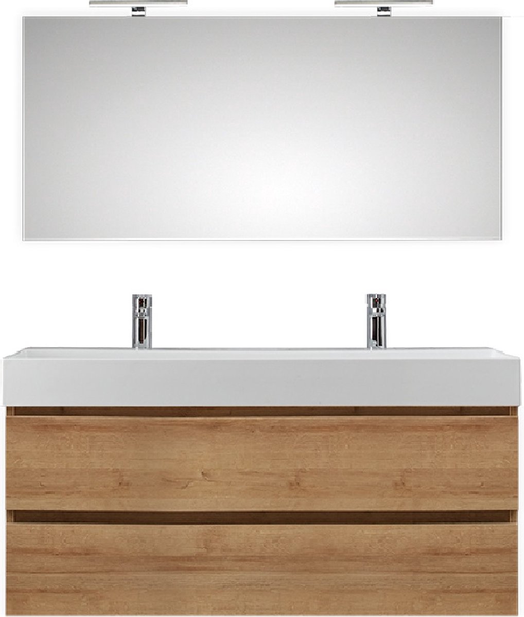 Badkamermeubel Pelipal Bali 120 cm wastafelonderkast 46 cm diep met spiegel Riviera Eiken met 2 kraangaten