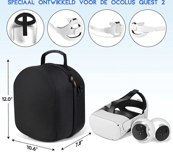 Zwarte draagkoffer van 30,5 x 26,9 x 19,8 cm voor Oculus Quest 2, met VR-headset en controllers ernaast.
