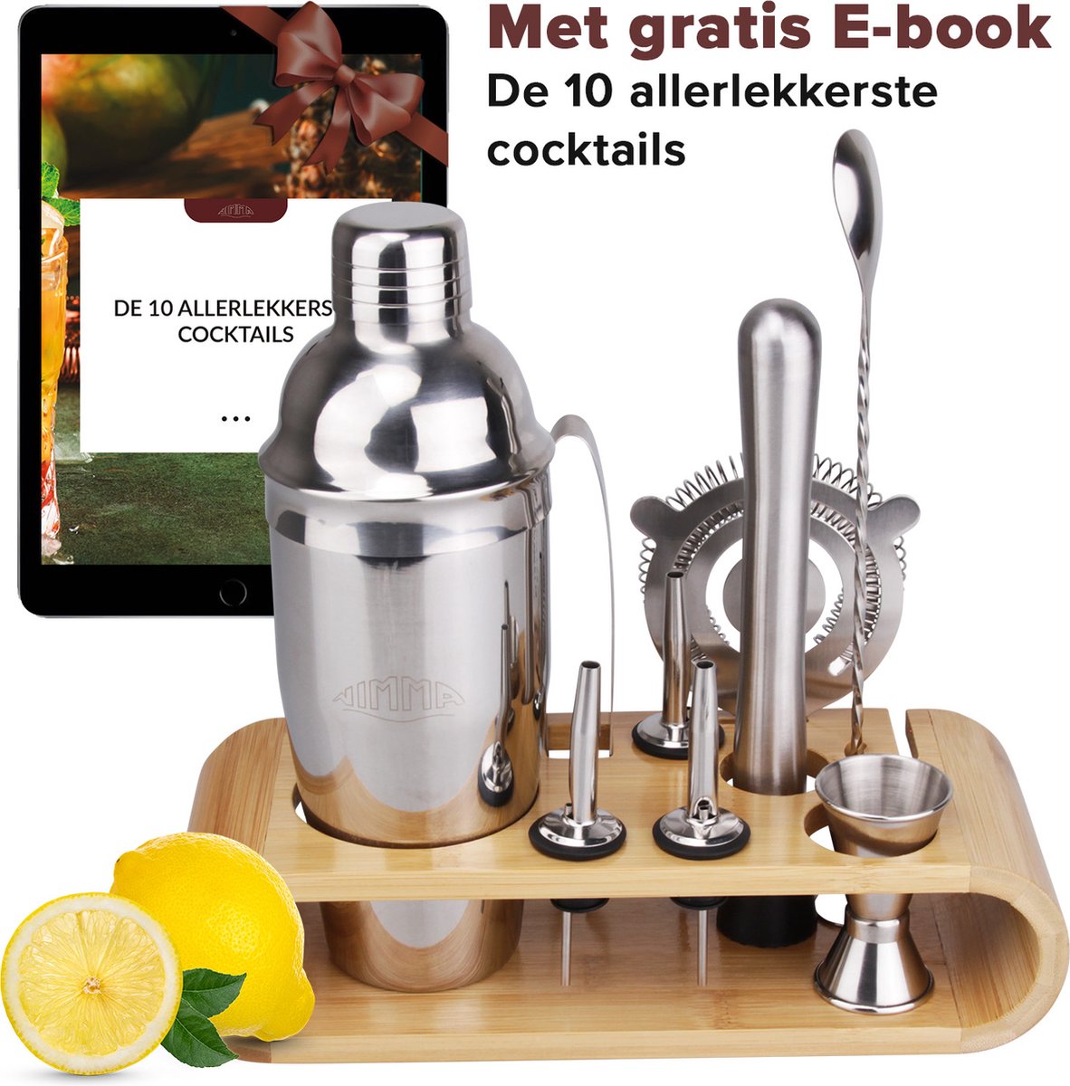 Nimma® Cocktail Shaker set - Incl. Stamper en E-Book - Cocktailshaker Houder - 13 Delige Cocktailset - RVS - 750ML