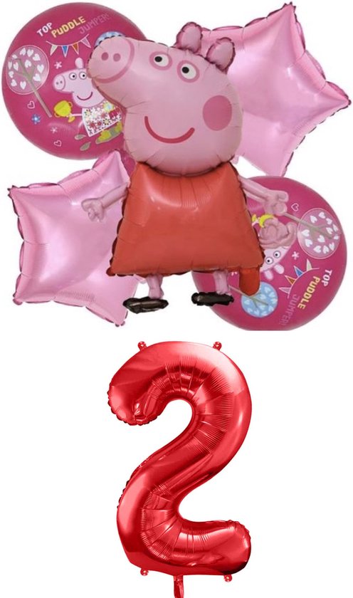 Peppa Pig - Big - Peppa folie ballonnen - set van 6  - rode ballonnen - 81 cm groot getal ballon - 2 jaar