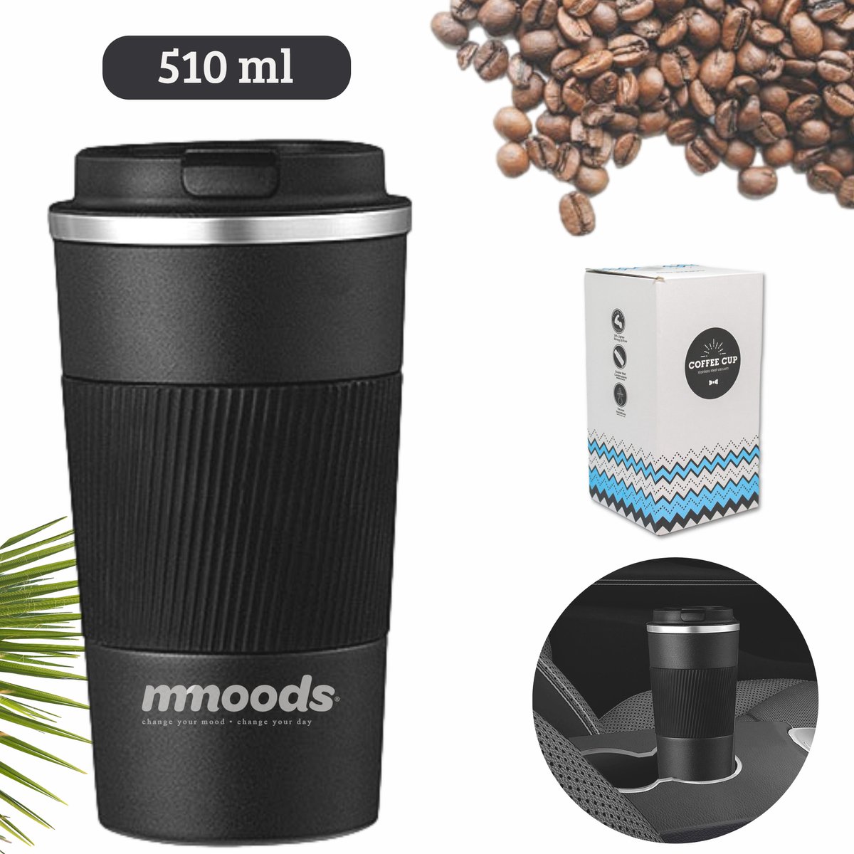 Mmoods Thermosbeker voor Koffie en Thee - Koffiebeker To Go - Reisbeker voor Auto - Herbruikbare Drinkfes voor Warme en Koude Dranken - Ecologische Thermoskan Zwart Geschenk