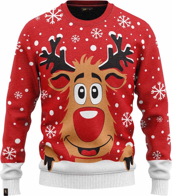 JAP Christmas Kersttrui voor kinderen (maat 104/110) - 100% Gerecycled - Kriebelt niet - Kerstcadeau - Foute Kersttrui jongens en meisjes (4/5 jaar) - Rudolf het Rendier - Rood