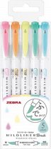 Zebra Mildliner Brush Pennen, Mild Bright Colors Set van 5 verpakt in een Bag