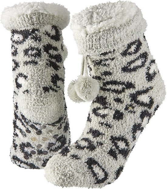 Roze/witte luipaardvlekken gevoerde huissokken/slofsokken voor dames - Maat 36-41 - Extra warme sokken voor de winter - Warme voeten