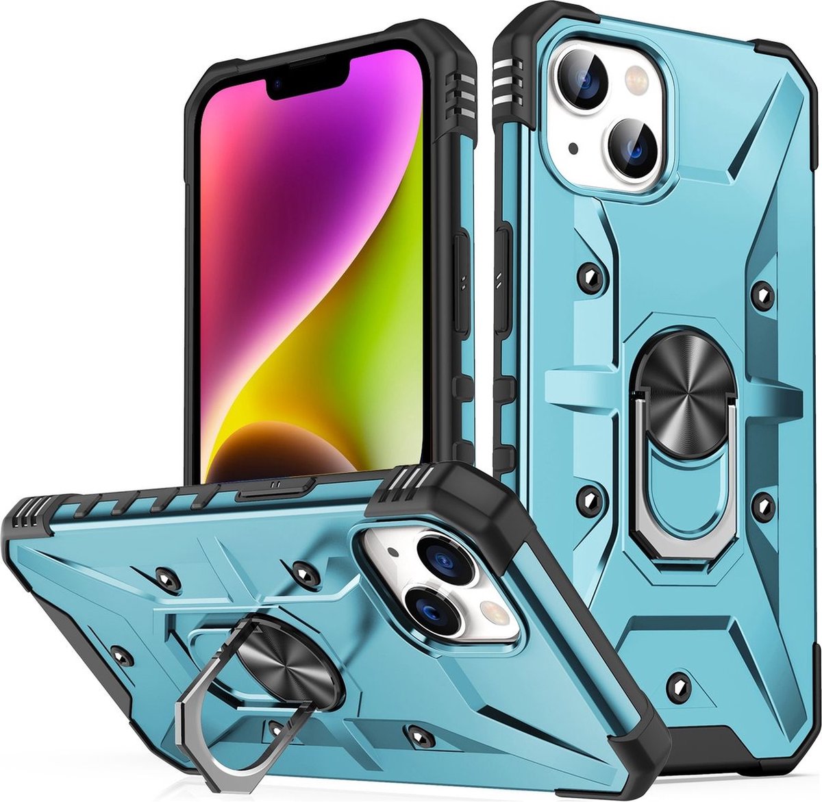 Mobigear Hoesje geschikt voor Apple iPhone 14 Plus Telefoonhoesje Hardcase | Mobigear Armor Ring Backcover Shockproof met Ringhouder | Schokbestendig iPhone 14 Plus Telefoonhoesje | Anti Shock Proof - Blauw