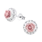 Joy|S - Zilveren roos oorbellen -roze met kristal - 9 mm - bloem oorknoppen