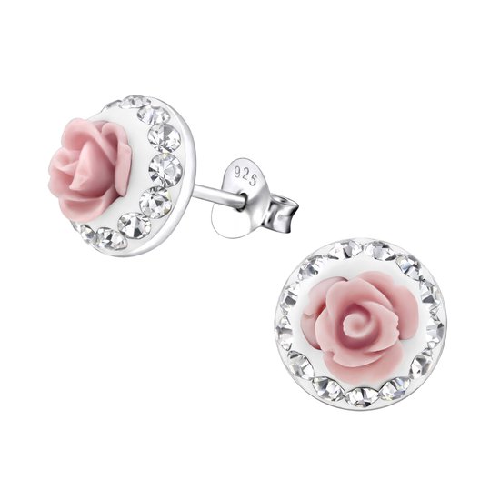 Joy|S - Zilveren roos oorbellen -roze met kristal - 9 mm - bloem oorknoppen
