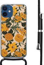 Hoesje met koord - Geschikt voor iPhone 12 Mini - Retro flowers - Verstelbaar zwart koord - Transparant, Oranje - Bloemen - Leuke Telefoonhoesjes
