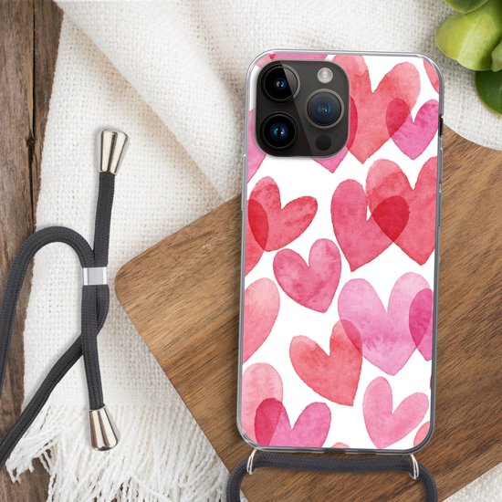 Étui de téléphone adapté à Apple Iphone 14 Pro Max - Une illustration avec des cœurs aquarellés - Siliconen - Bandoulière - Coque arrière avec cordon - Étui de téléphone avec cordon - Étui avec corde