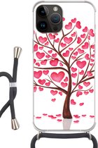 Geschikt voorApple Iphone 14 Pro Max - Crossbody Case - Een illustratie van een boom met hartjes - Siliconen - Crossbody - Backcover met Koord - Telefoonhoesje met koord - Hoesje met touw