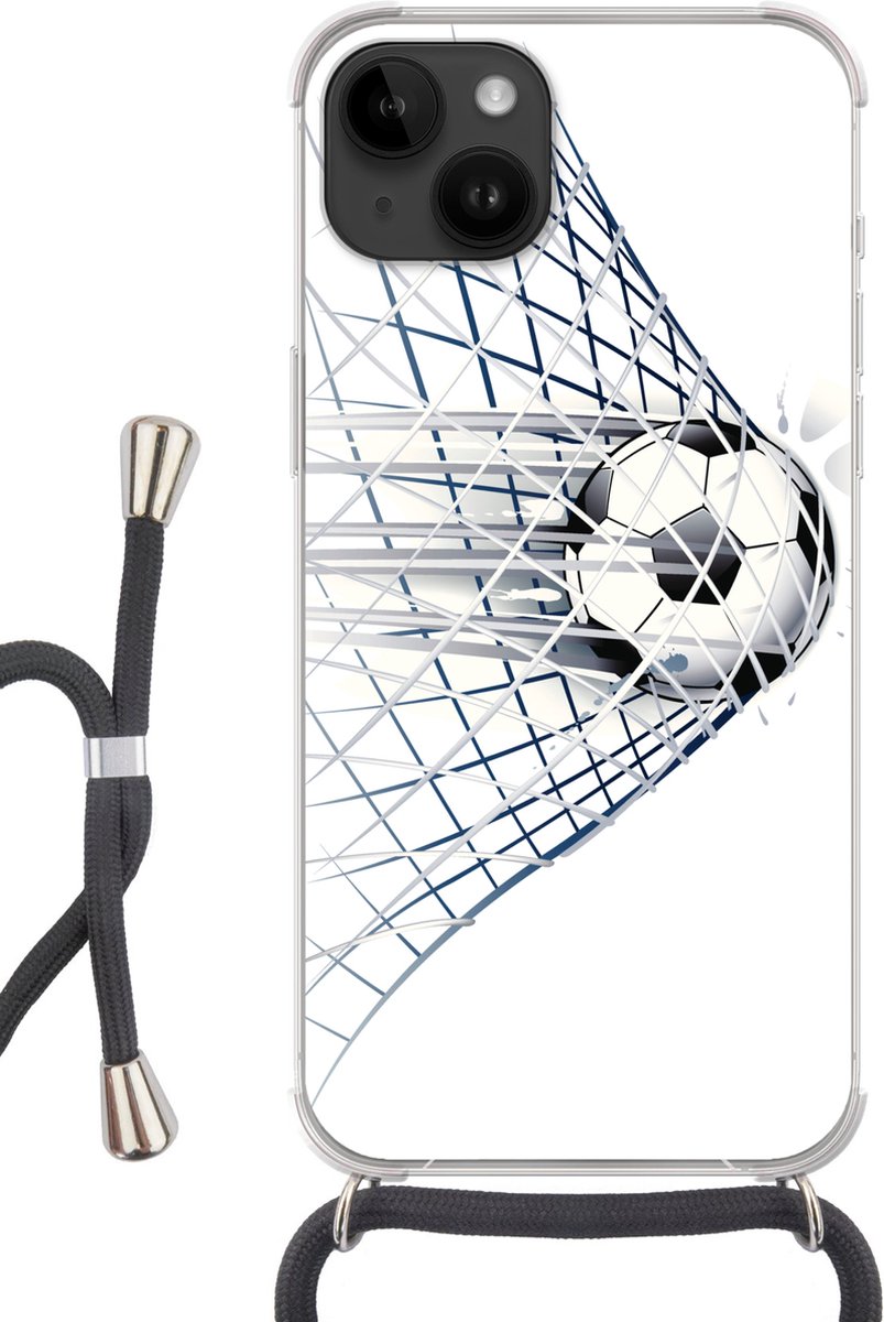 Telefoonhoesje Geschikt voor Apple Iphone 14 - Een illustratie van een voetbal die het doel in gaat - Jongetjes - Meisjes - Kids - Siliconen - Crossbody - Backcover met Koord - Telefoonhoesje met koord - Hoesje met touw Telefoonhoesje