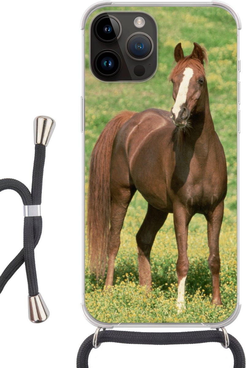 Telefoonhoesje Geschikt voor Apple Iphone 14 Pro Max - Paarden - Gras - Bruin - Siliconen - Crossbody - Backcover met Koord - Telefoonhoesje met koord - Hoesje met touw Telefoonhoesje