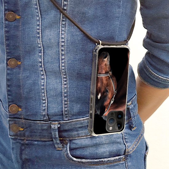 Étui de téléphone compatible avec Apple iPhone 14 Pro - Motif cheval - Léger - Licol - Siliconen - Bandoulière - Coque arrière avec cordon - Étui de téléphone avec cordon - Étui de téléphone avec corde