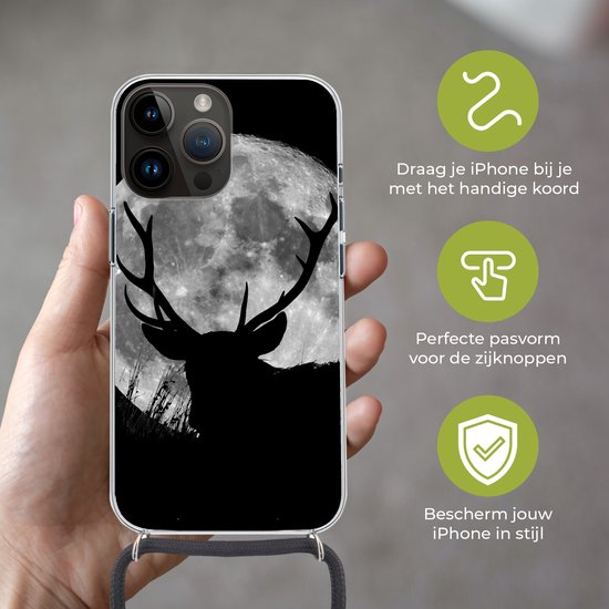Étui de téléphone adapté à Apple Iphone 14 Pro Max - Cerf - Lune - Nuit - Siliconen - Bandoulière - Coque arrière avec cordon - Étui de téléphone avec cordon - Étui avec corde