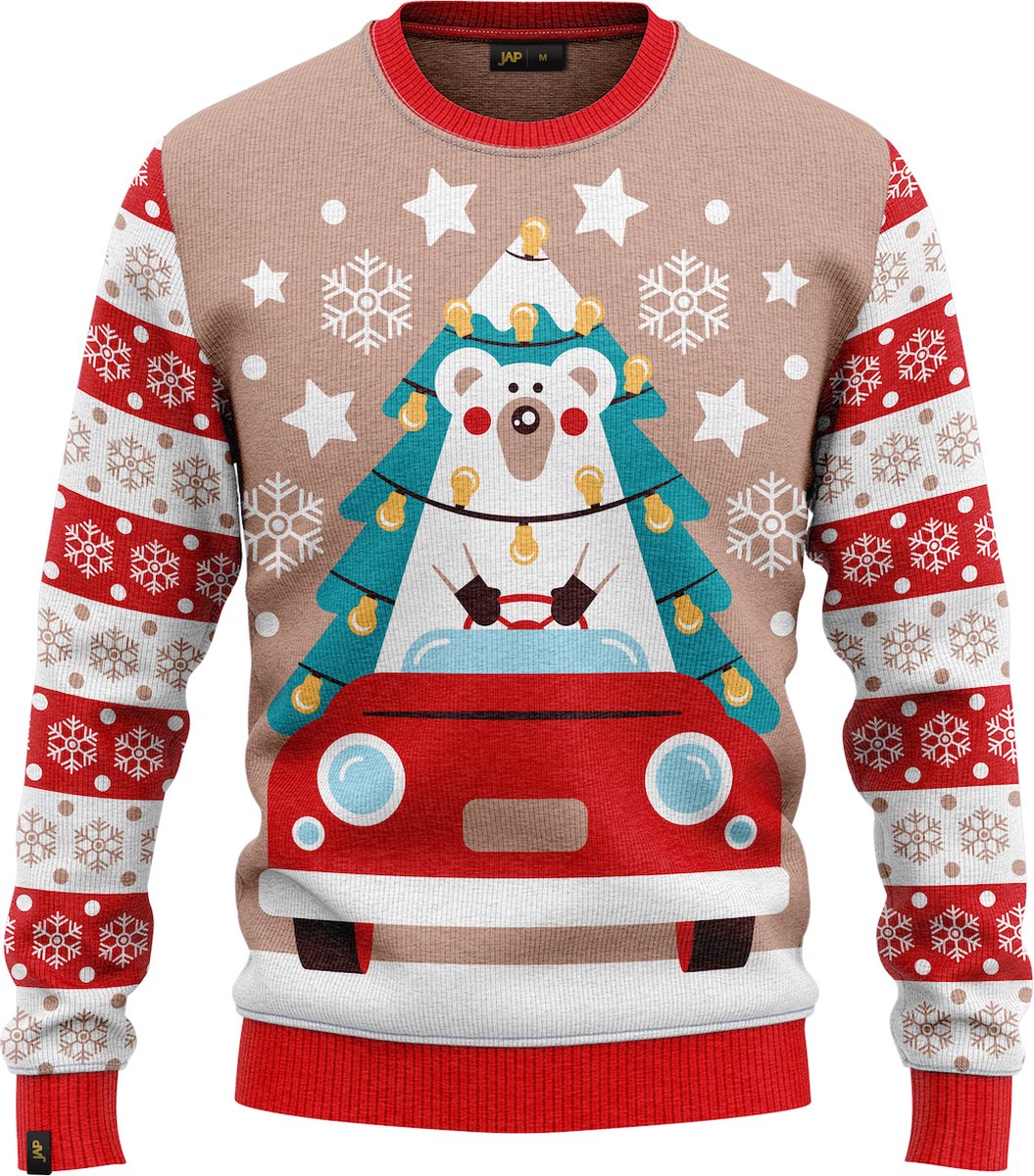 JAP Christmas Kersttrui voor kinderen (maat 134/140) - 100% Gerecycled - Kriebelt niet - Kerstcadeau - Foute Kersttrui jongens en meisjes (9/10 jaar) - Driving home for Christmas - Roze