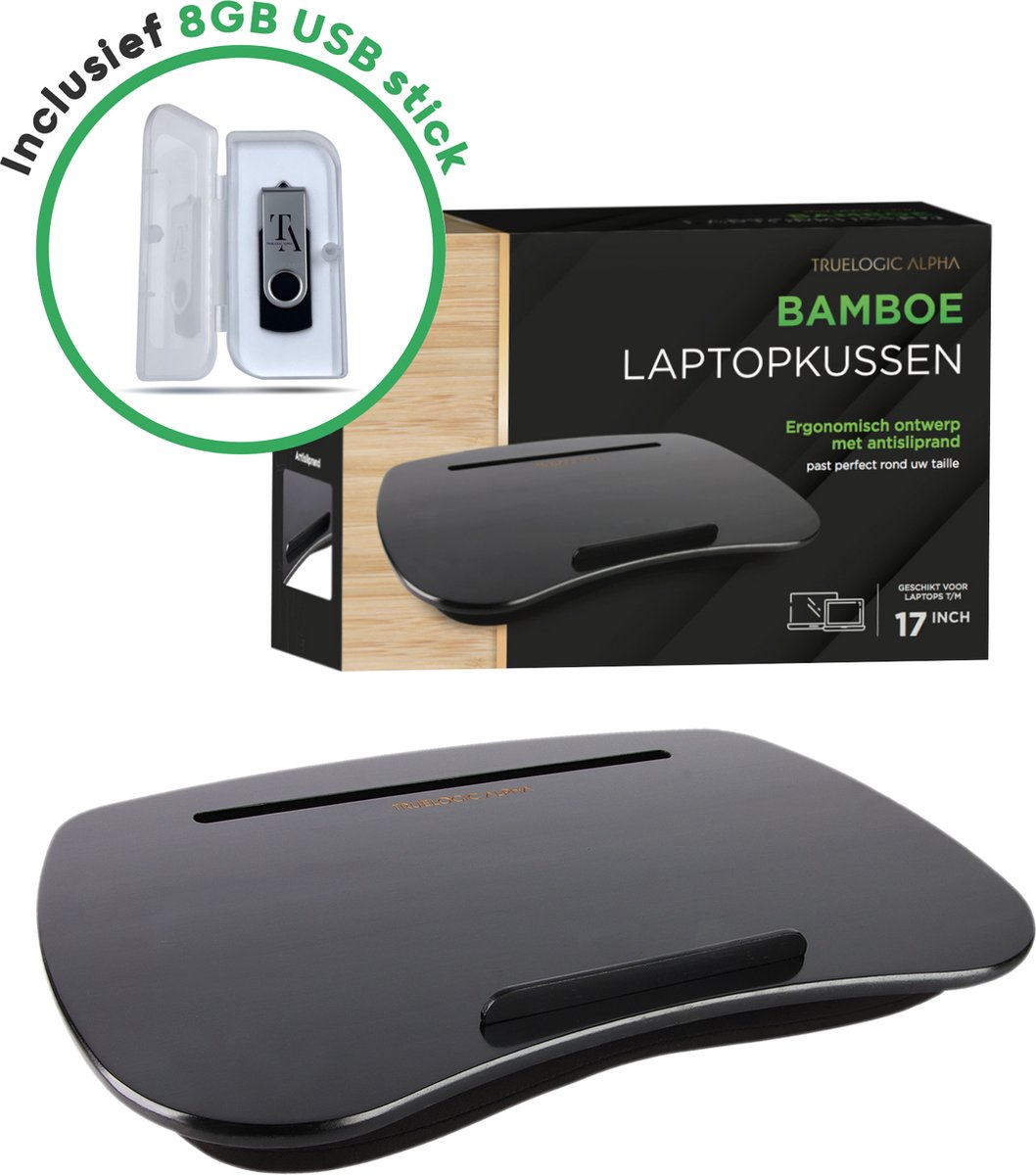 TrueLogic Alpha Bamboe laptopkussen - Inclusief 8GB USB stick - Laptopstandaard - Voor laptops t/m 17 inch - Bedtafel - Schootkussen - Zwart - Cadeautip