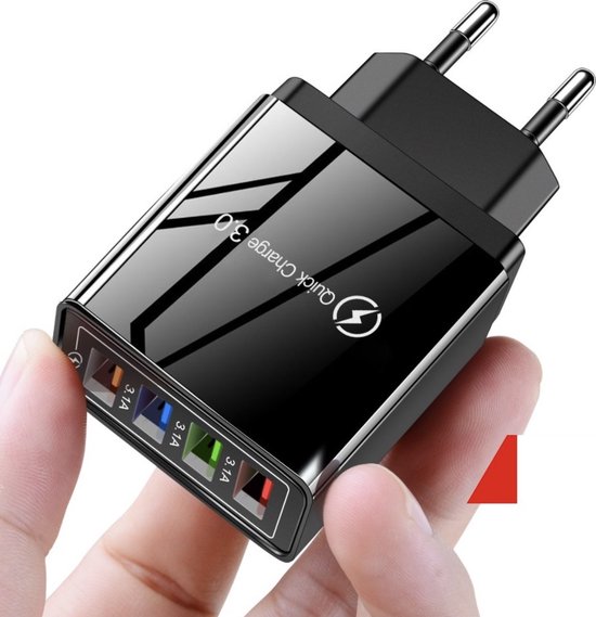 USB snel lader/Quick Charger 3.0 - Zwart - USB stekker - USB Lader - Oplader voor Smartphones en Tablets - Thuislader - Universele Adapter met 4 usb poorten - telefoonstekker