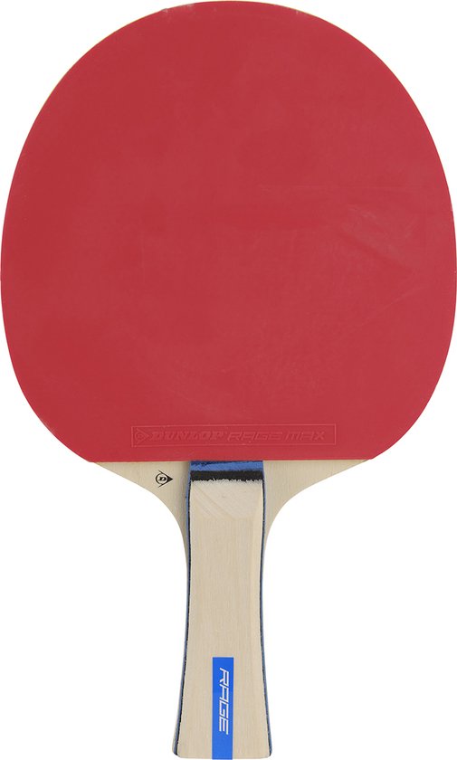 Tafeltennisbat met rood rubber, houten handvat met blauwe accenten en 'RAGE'-opschrift.