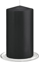Trend Candles - Stompkaarsen met glazen onderzetters set van 2x stuks zwart 8 x 15 cm