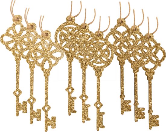 9x stuks sleutels kersthangers glitter goud van hout 10,5 cm kerstornamenten - Kerstboomversiering - Kerstornamenten