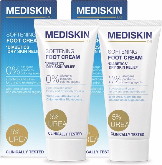 Voordeelverpakking Mediskin voetcrème: 2 tubes en 1 doos, elk met 5% ureum.