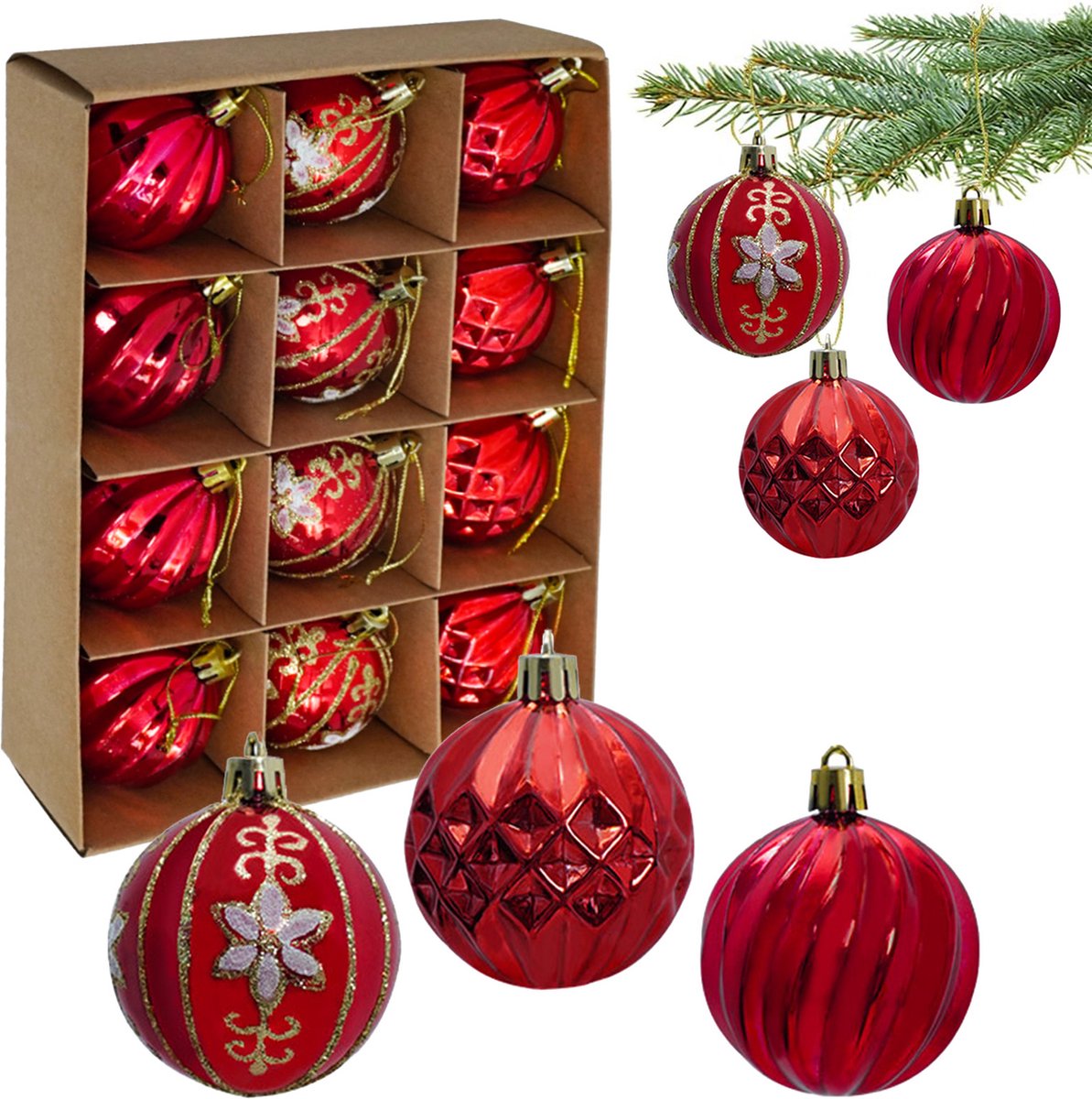 Uten - Kerstballen Plastic - kerstboom versiering - Christmas Gifts - kerstballen set - 12 stuks - kerstboom ballen - Ø6cm - rood