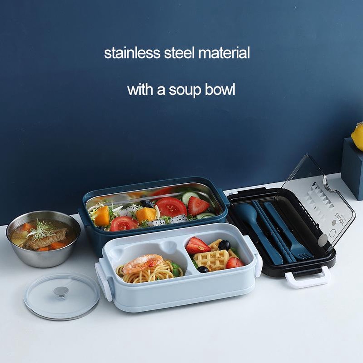 Lunchbox - Meal prep bakjes - Lunch box Met Deksel - Meal Prep – bento box - Lunchtrommel met Bestek Blauw