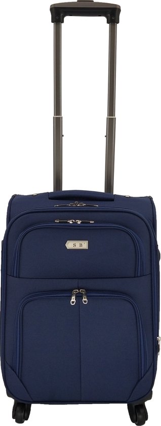 Donkerblauwe handbagage koffer met uitschuifbare handgreep en twee voorvakken. Merklogo SB.