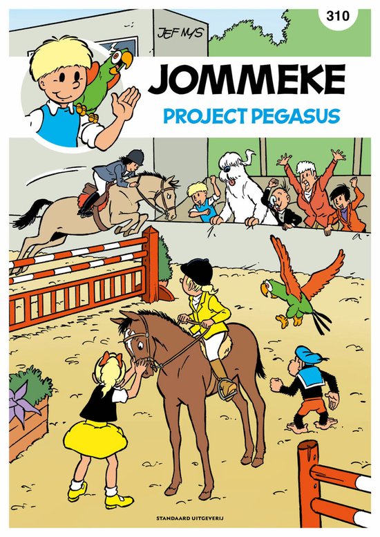 Een stripboekcover met Jommeke, die een papegaai vasthoudt. Op de achtergrond zijn paardensporten en andere figuren te zien. Tittel: JOMMEKE PROJECT PEGASUS.