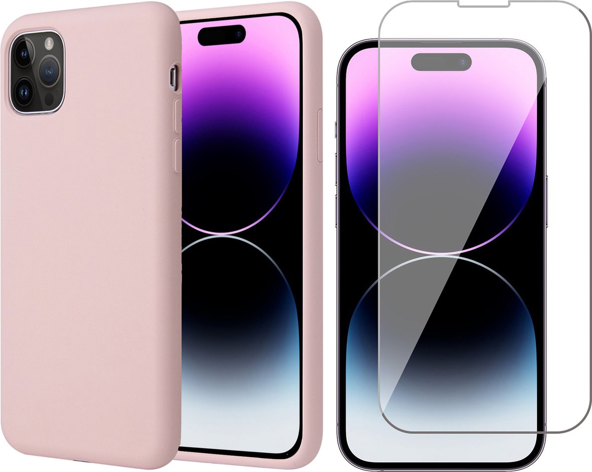 Hoesje geschikt voor iPhone 14 Pro Max - Matte Back Cover Microvezel Siliconen Case Hoes Roze - Tempered Glass Screenprotector