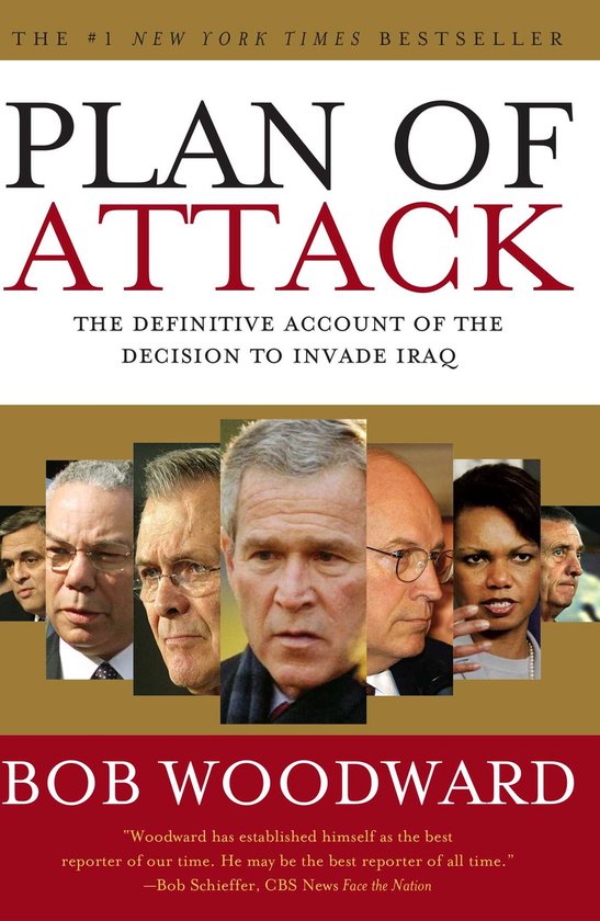 Boekcover 'Plan of Attack' met portretten van George W. Bush, Colin Powell, Donald Rumsfeld, Dick Cheney en Condoleezza Rice.