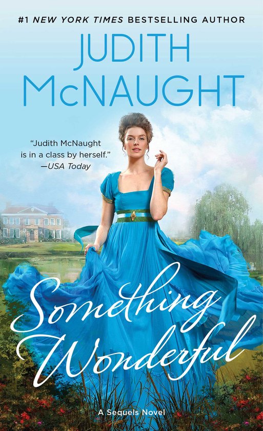 Boekcover met een vrouw in een blauwe jurk, met de tekst "Something Wonderful"
