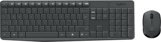 Grijze, draadloze Logitech toetsenbord en muis met Spaanse toetsen.