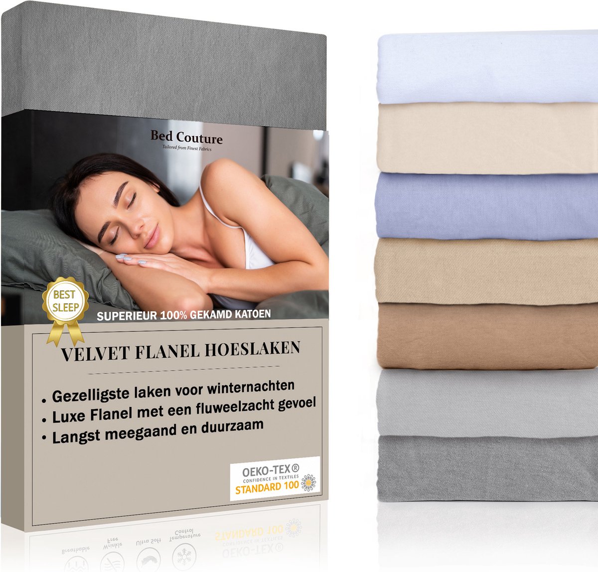Bed Couture Velvet Flanel Hoeslaken - 100% Gekamd Katoen - Hoge Hoek 30cm - Lits Jumeaux Extra Breed 200x200 cm - Taupe