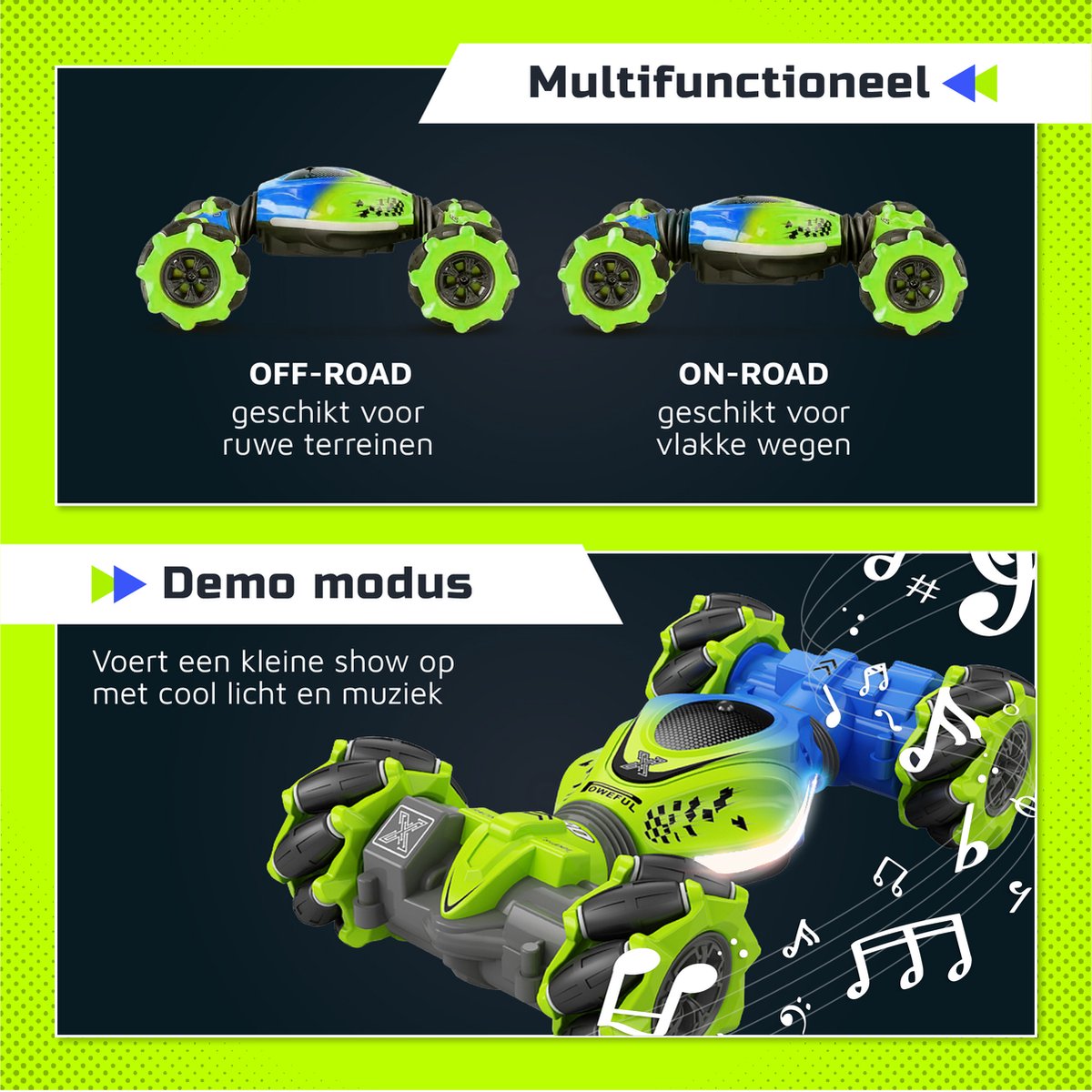 Huntex RC Stunt Car - Inclusief Extra Accu en batterijen - Radiografisch Bestuurbare Auto - Offroad - Transformerende Auto - Volwassenen en Kind - Blauw/Groen - 4wd Twist — afbeelding 6