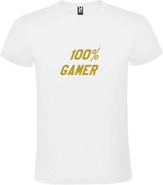 Wit T-Shirt met “ 100 % Gamer “ afbeelding Goud Size XS