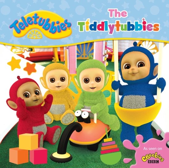 Les Tiddlytubbies Teletubbies avec Tinky Winky en rouge, Dipsy en jaune, Laa-Laa en vert et Po en bleu sur un aspirateur jouet.